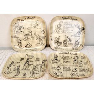 Disney Artist Sketch Bamboo Plates 4 Piece Set Mickey Mouse Goofy Square Grid